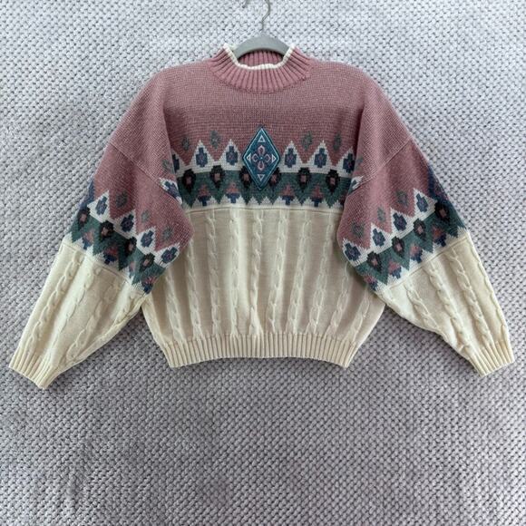 VTG 62East Sweater Womens L Pink Green Ivory Fair Isle Mock Neck Cable Knit - Picture 1 of 10